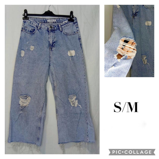 Ripped Light-Wash Wide-Leg Jeans