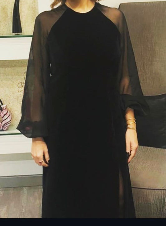 Elegant Black Velvet Gown with Sheer Sleeves and Open Back