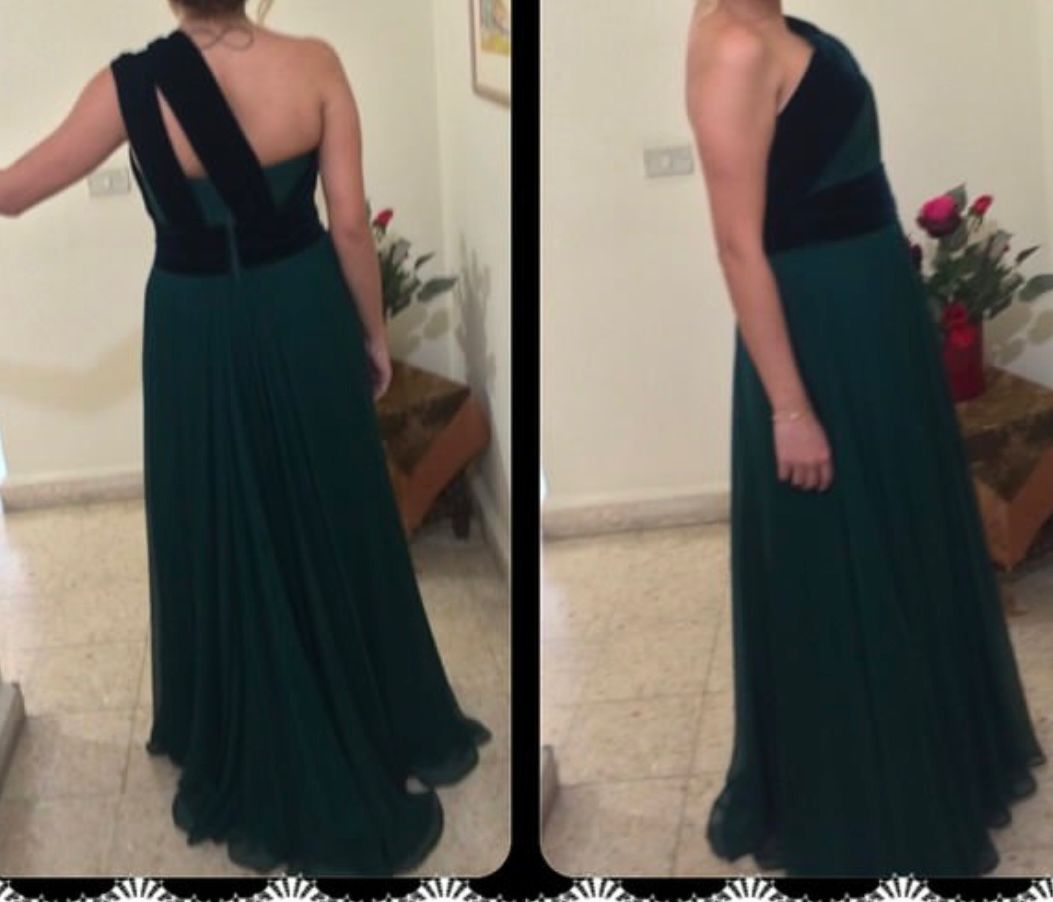Forest Green One-Shoulder Dress with Velvet Accents – Flowy & Formal