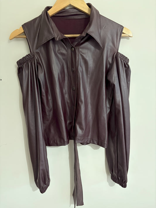 Deep Purple Faux Leather Cold Shoulder Tie-Front Top