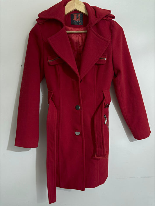 Red Wool Blend Winter Coat with Hood