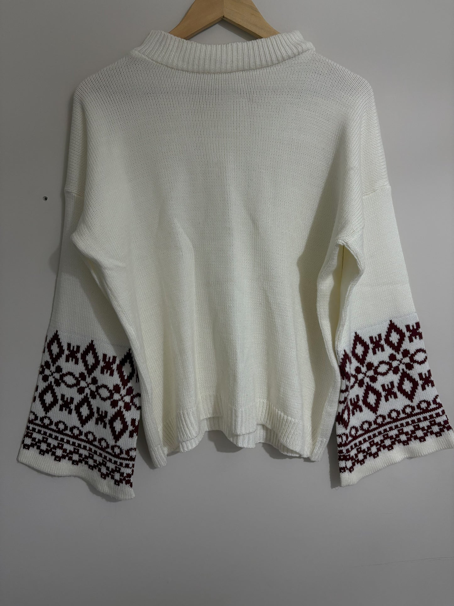 Cream Knit Sweater with Patterned Sleeves