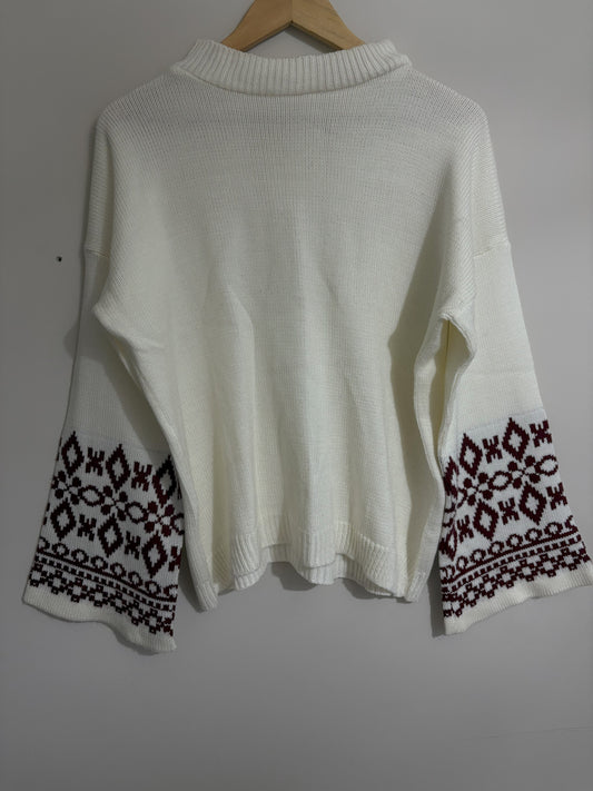 Cream Knit Sweater with Patterned Sleeves