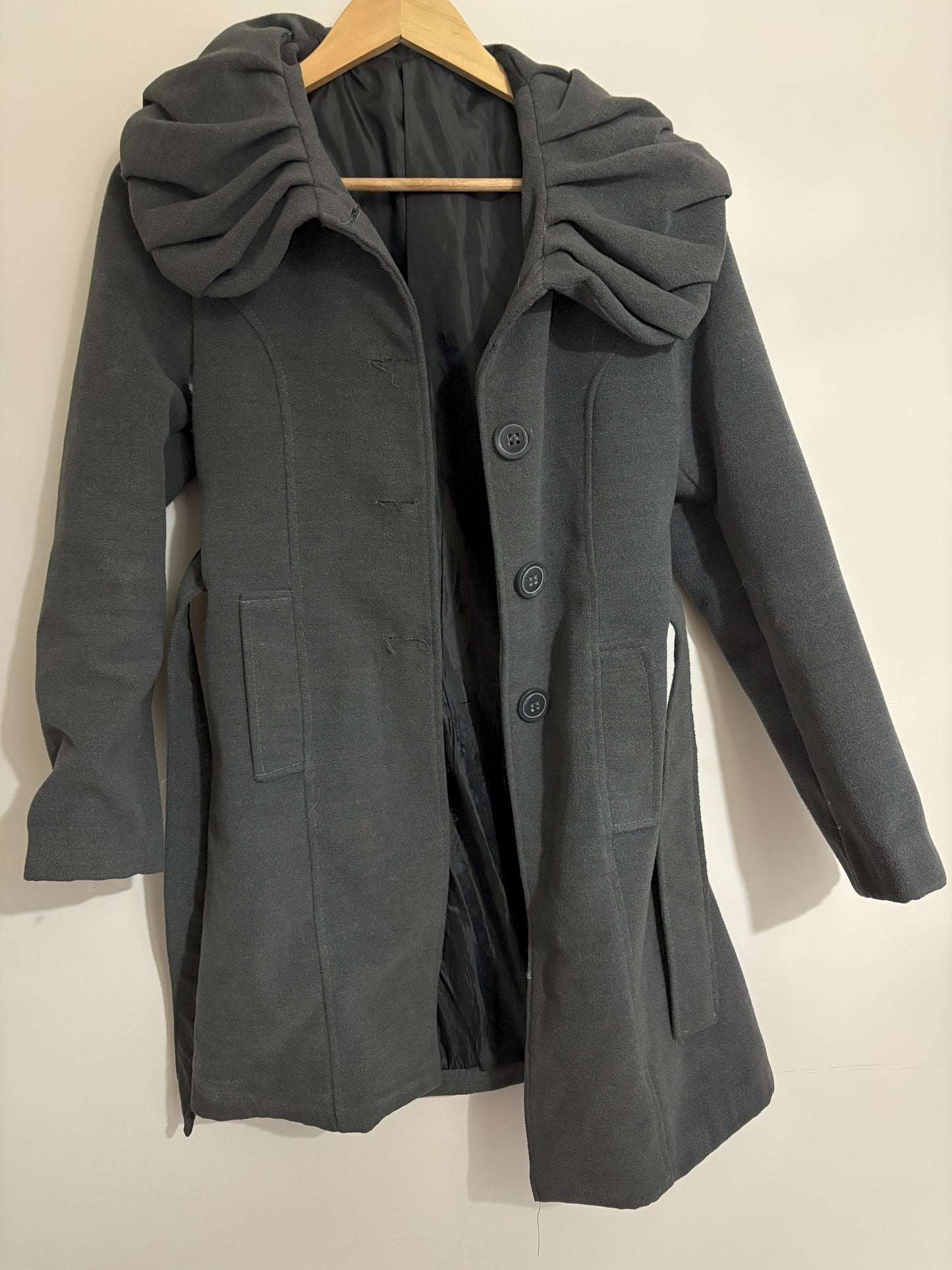 Charcoal Wool-Blend Coat with Draped Hood