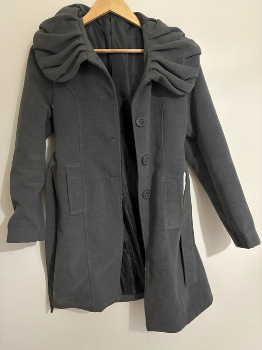 Charcoal Wool-Blend Coat with Draped Hood