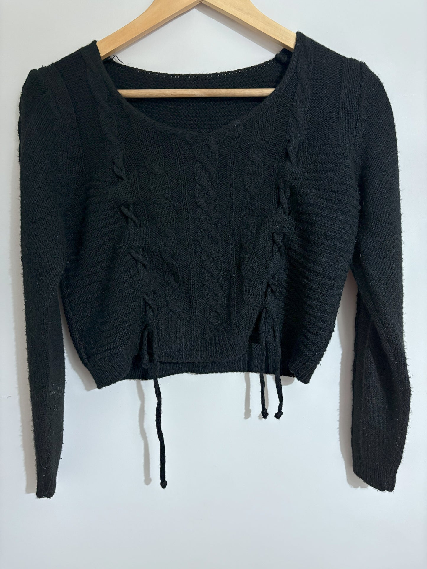 Black Lace-Up Cable Knit Sweater