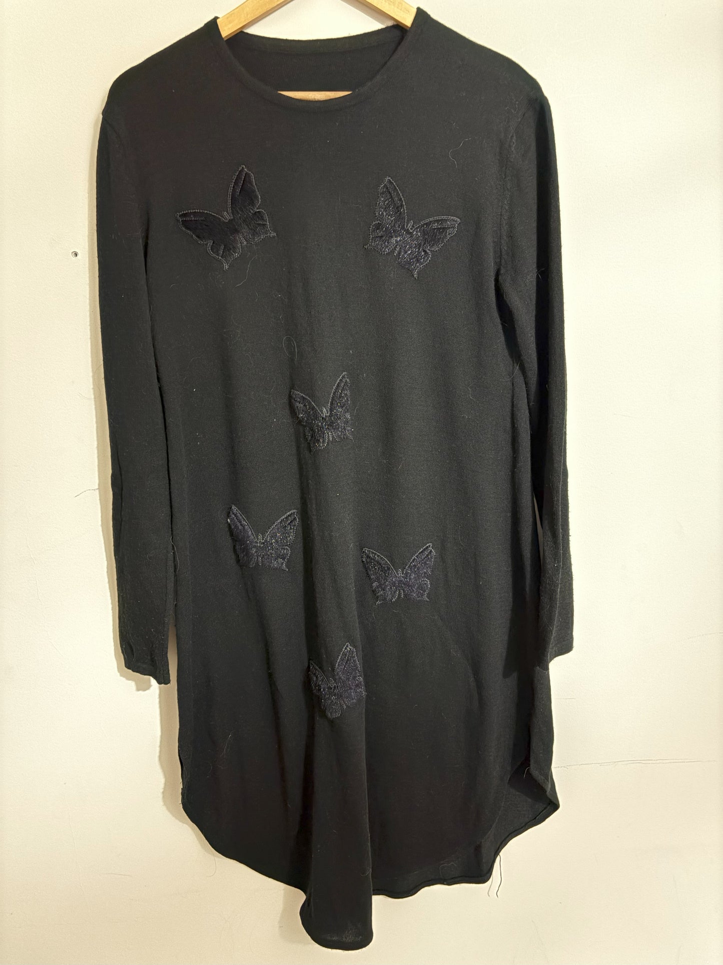 Black Long-Sleeve Tunic Top with Butterfly Embroidery