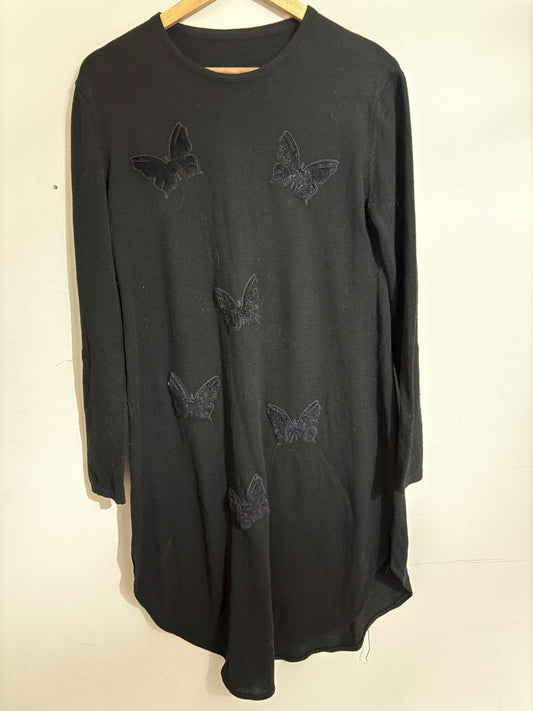Black Long-Sleeve Tunic Top with Butterfly Embroidery