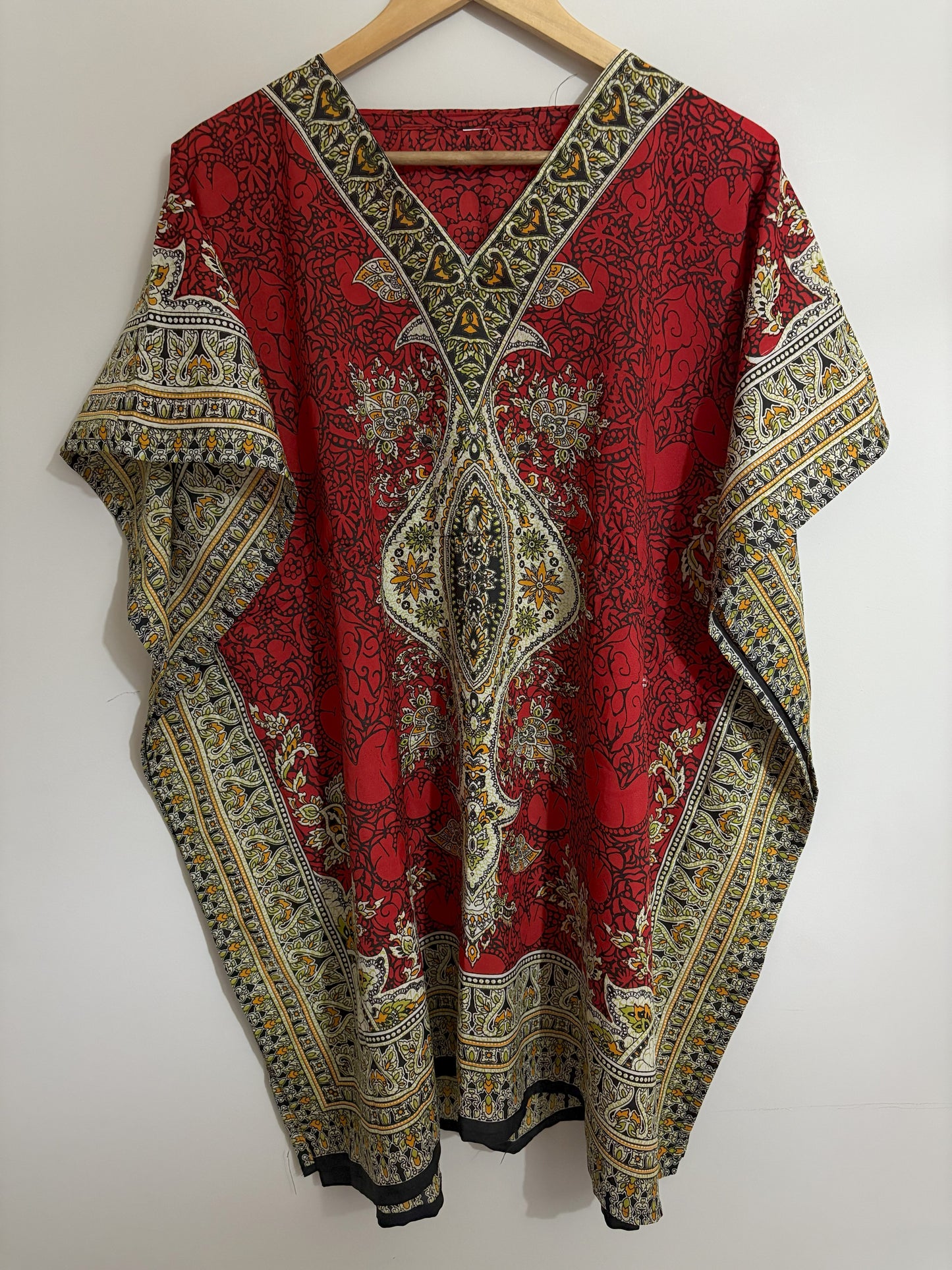 Red Boho Caftan Dress with Ornate Print