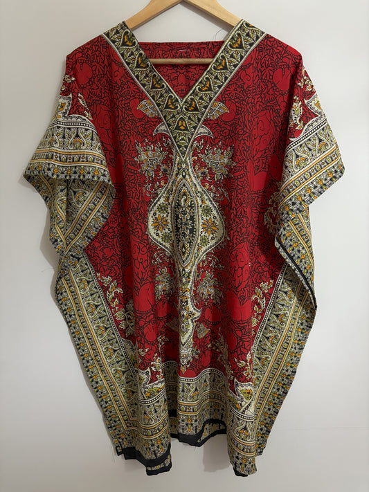 Red Boho Caftan Dress with Ornate Print