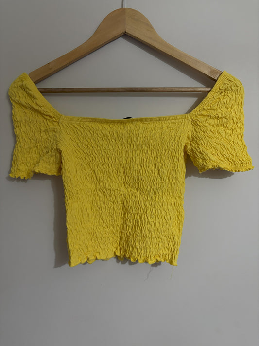 Yellow Smocked Off-Shoulder Crop Top