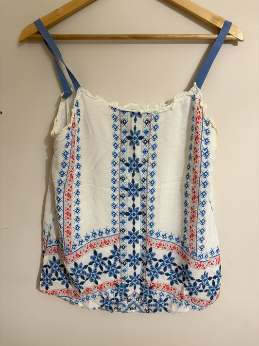 Boho Embroidered White & Blue Sleeveless Top
