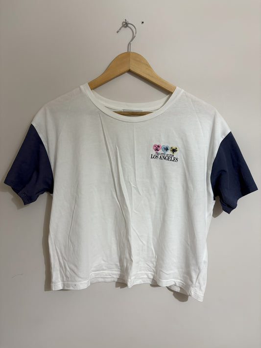 Los Angeles Embroidered White & Navy Crop T-Shirt