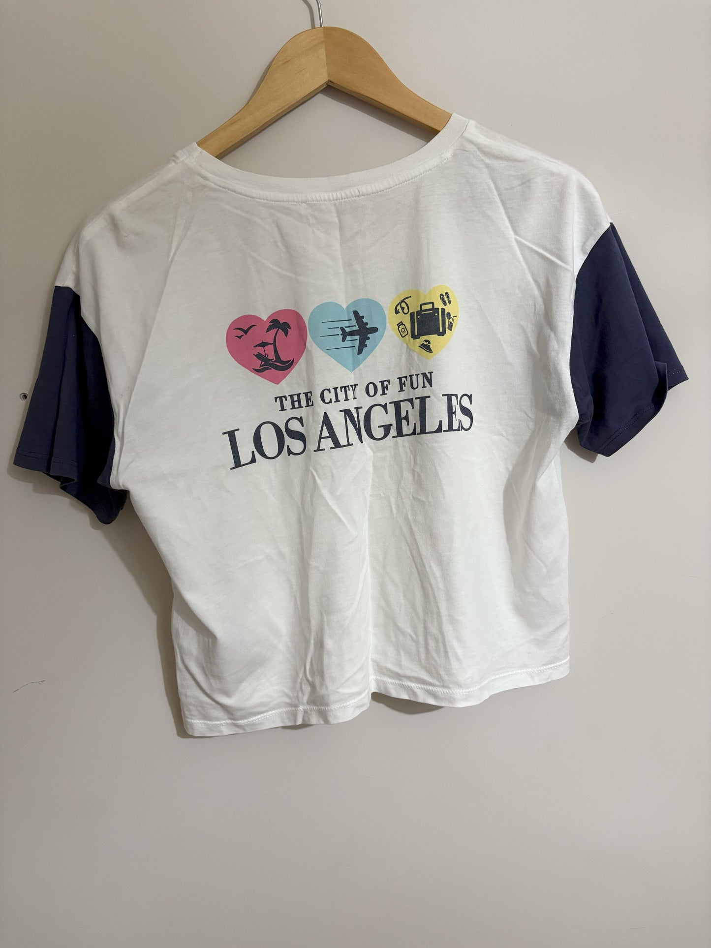 Los Angeles Embroidered White & Navy Crop T-Shirt