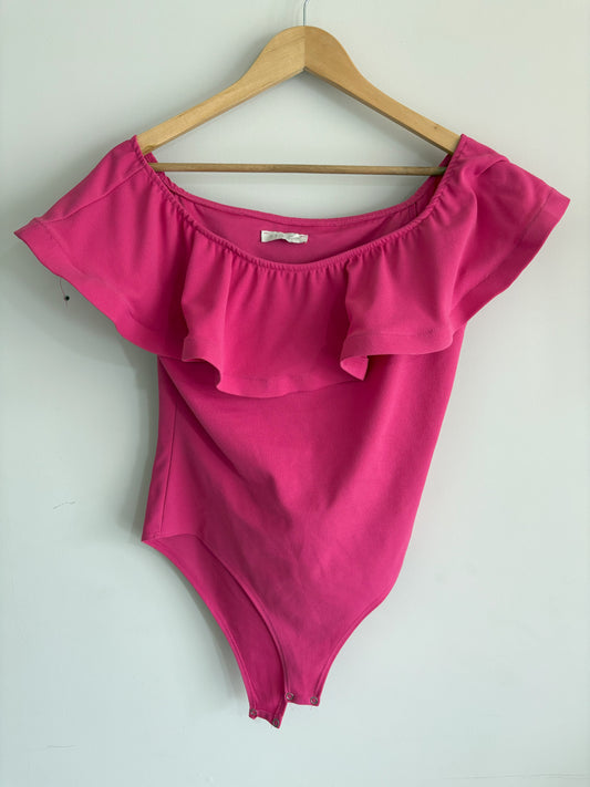 Fuchsia Off-Shoulder Ruffle Bodysuit with Snap Crotch Closure