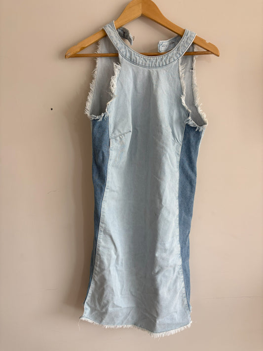 Sleeveless Two-Tone Denim Dress with Frayed Edges