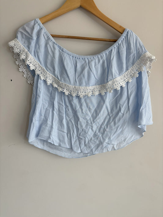 Light Blue Off-Shoulder Crop Top with Lace Trim