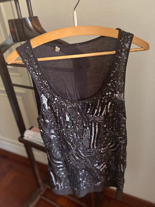Brown Beaded & Sequin Sleeveless Top