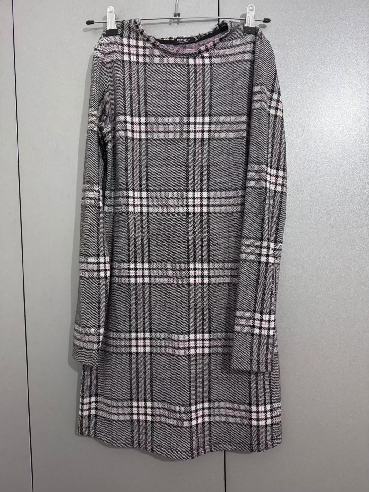 Bershka Grey Plaid Long Sleeve Shift Dress