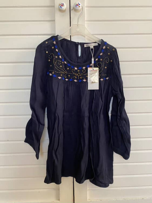 Embroidered Navy Tunic Blouse