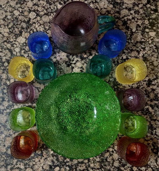 Vintage Textured Glass Pitcher & 12 Rainbow Tumblers + Green Serving Bowl Set