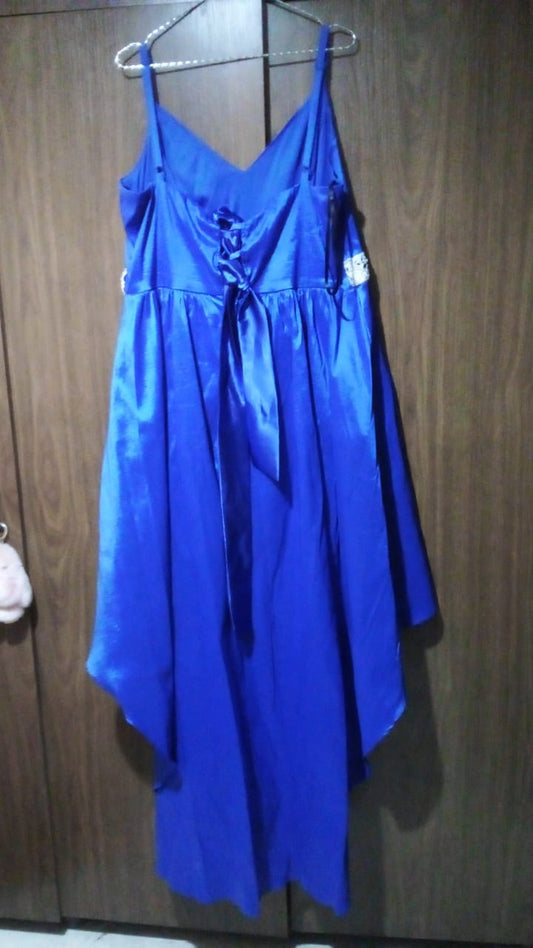 B. Darlin Royal Blue Satin High-Low Dress with Beaded Waist Detail
