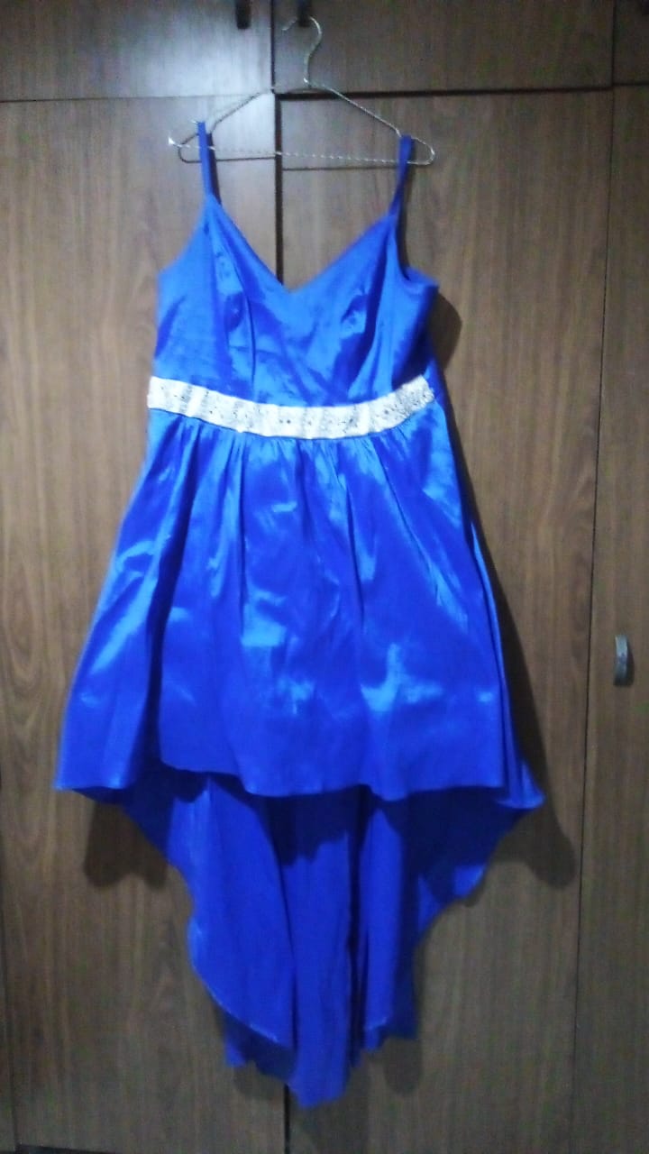 B. Darlin Royal Blue Satin High-Low Dress with Beaded Waist Detail