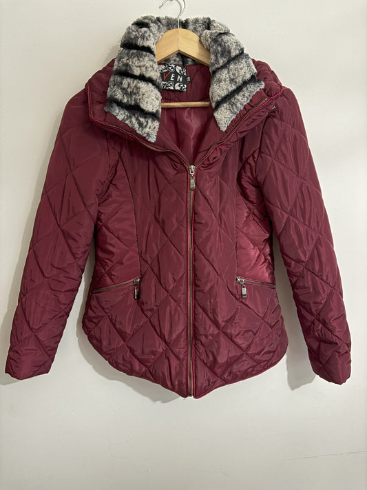 Burgundy Quilted Winter Jacket with Faux Fur Collar