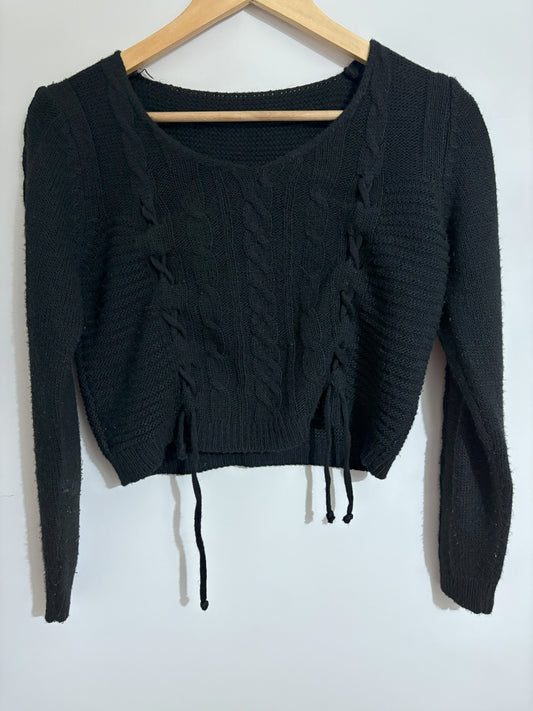 Black Lace-Up Cable Knit Sweater