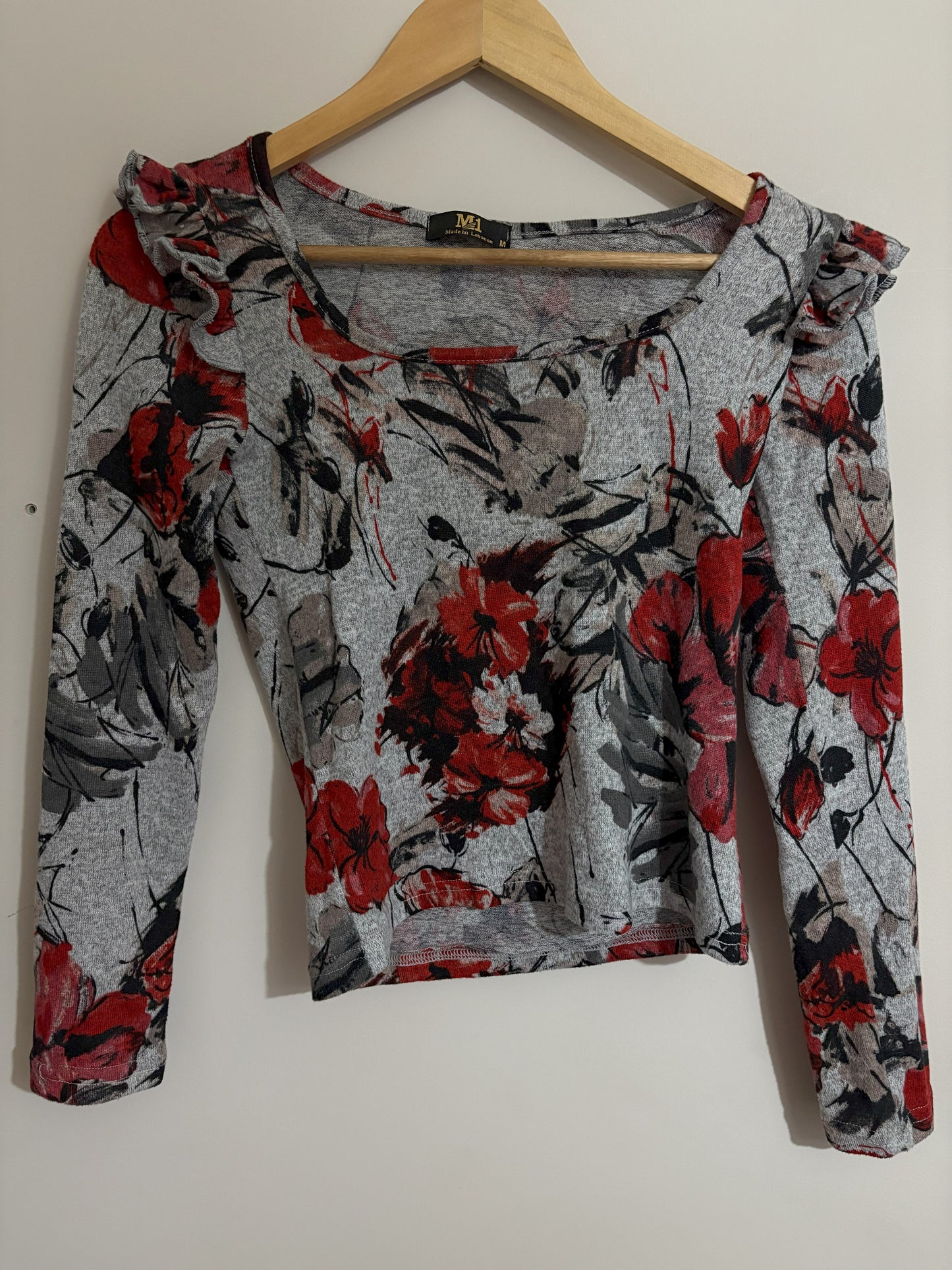 Grey Floral Long Sleeve Top