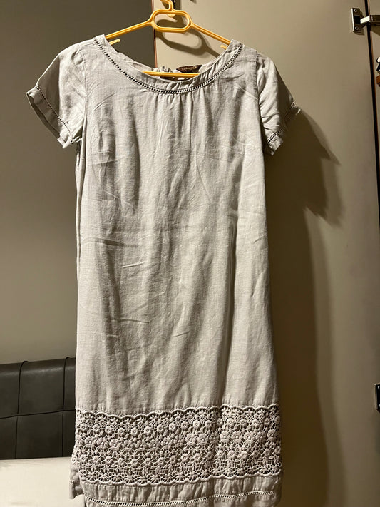 Italian Made Off-White Linen Blend Dress with Lace Hem