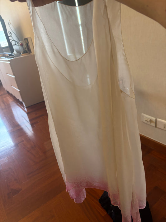 Sheer Cream Asymmetrical Top with Pink Embroidered Hem