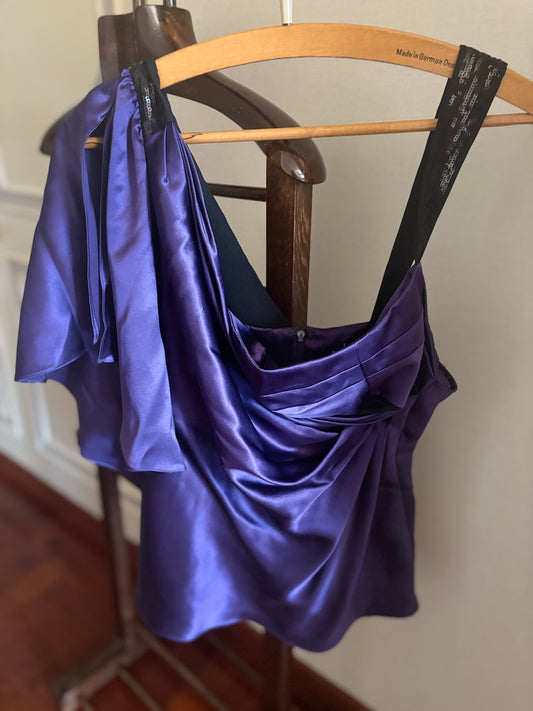 Draped Purple Satin One-Shoulder Top