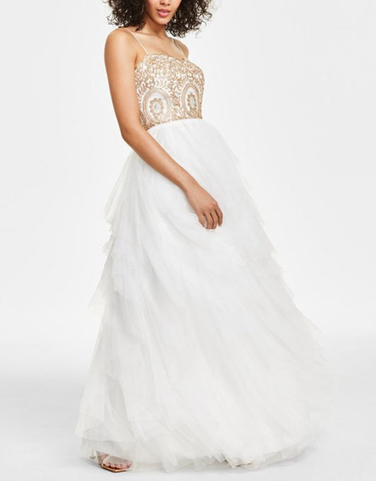 White & Gold Embellished Prom Dress