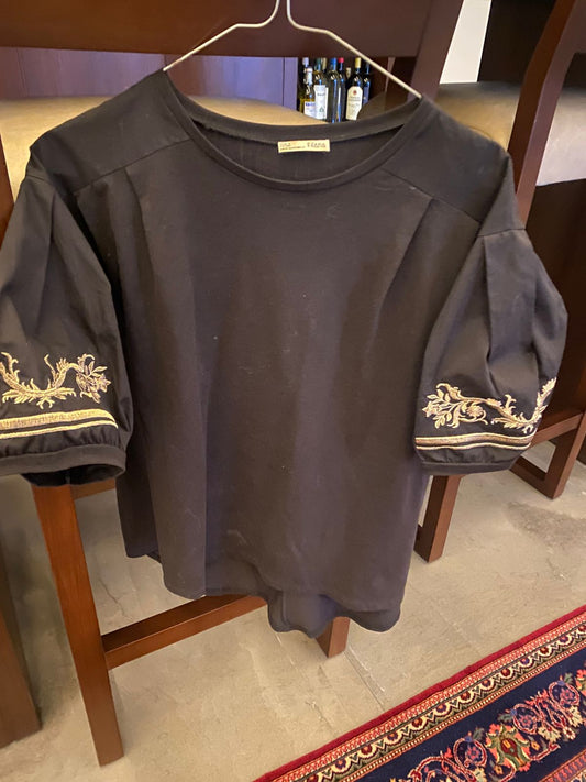 Zara Black Embroidered Puff-Sleeve Top