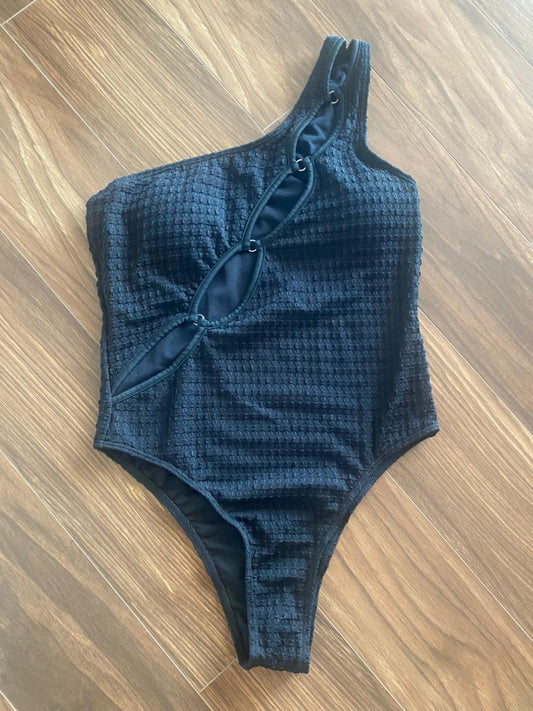 One-Shoulder Petrol Swimsuit with Sleeveless Cover-Up Dress
